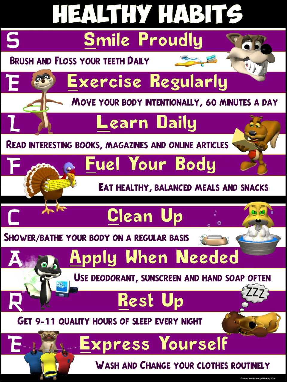 Purple SELF CARE habits poster with a cartoon animal beside each habit, from Smile Proudly through Express Yourself