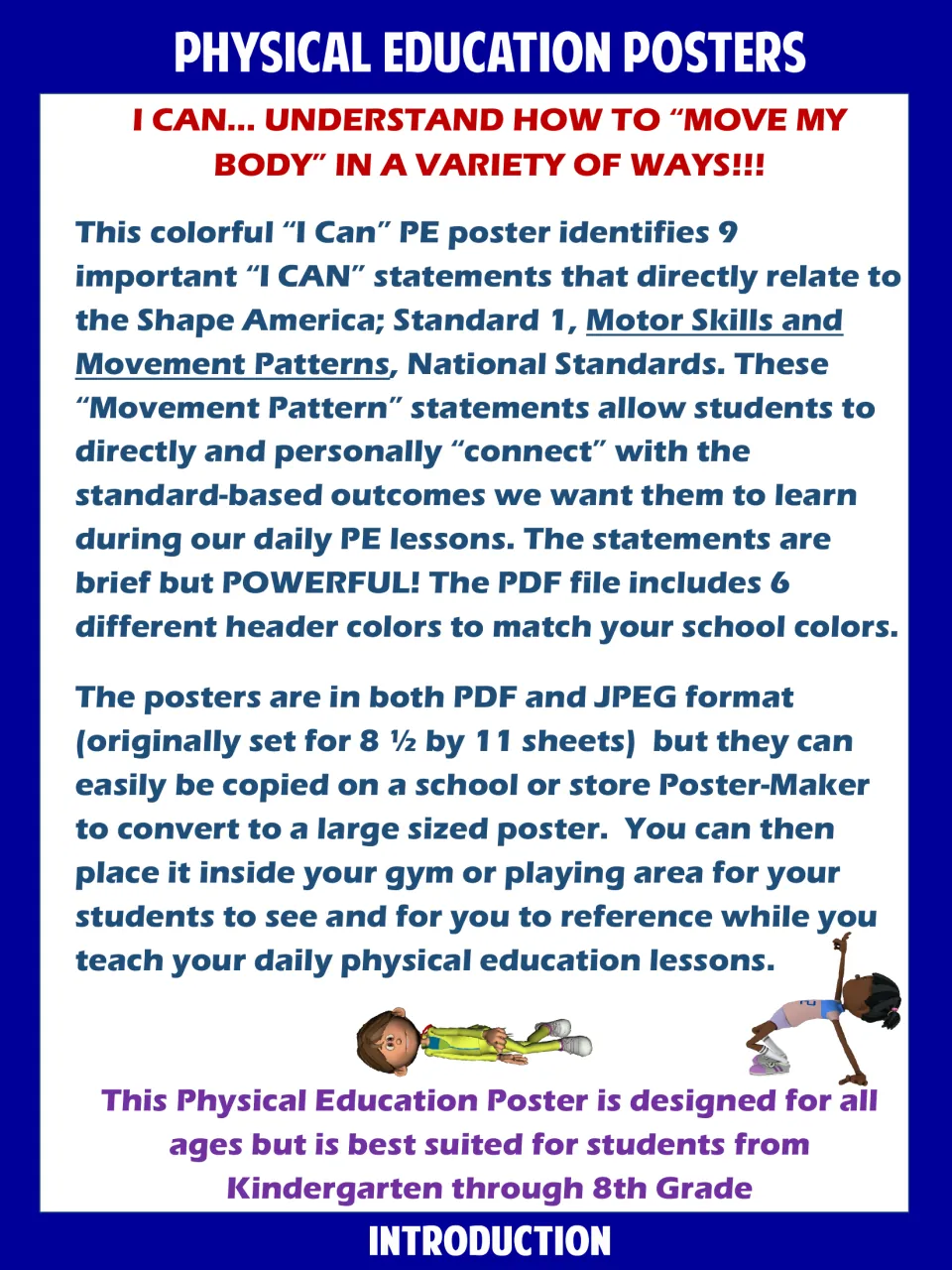 Introduction to the nine-statement PE movement poster, with six color options and printing instructions
