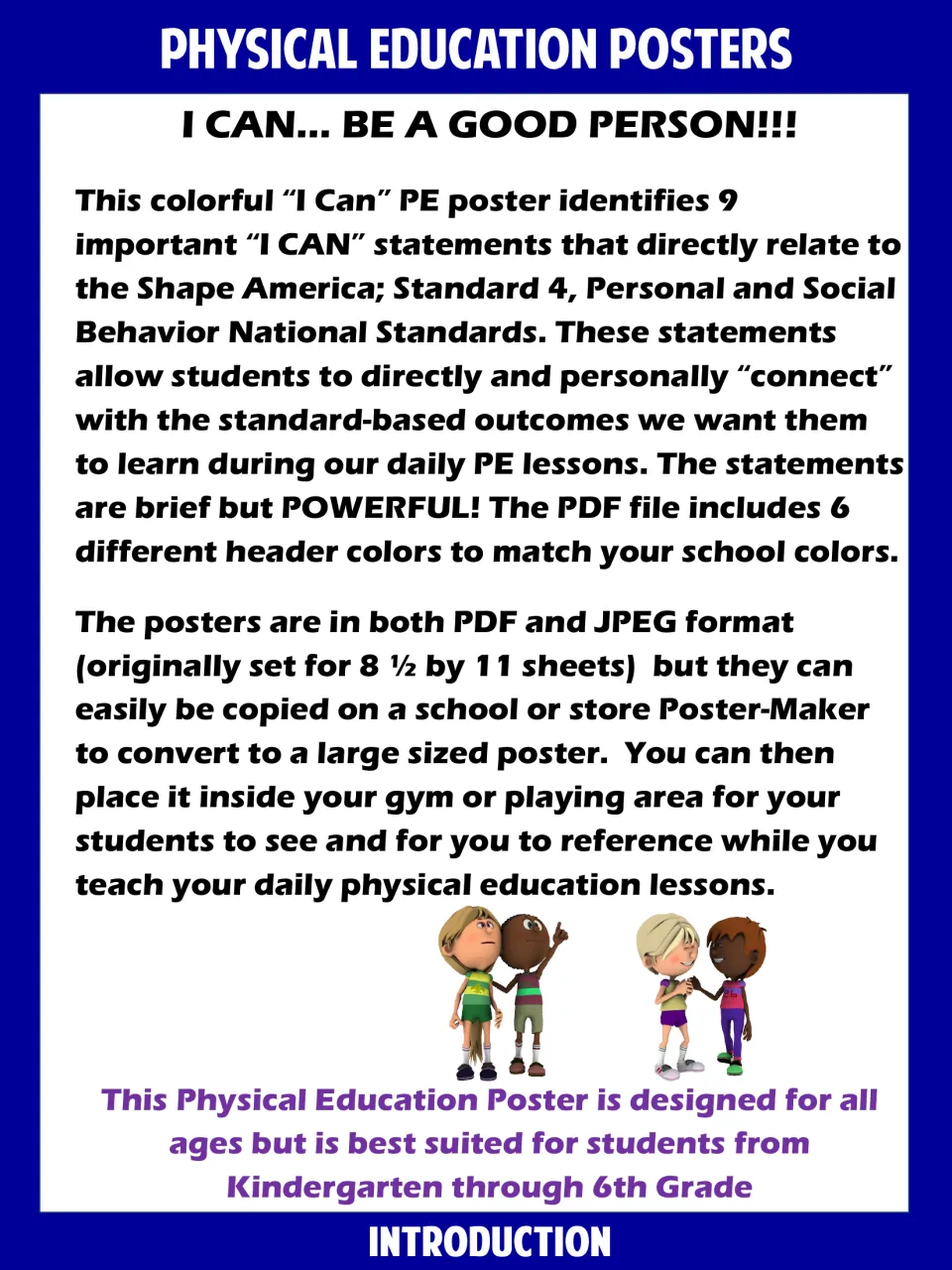 Introduction to the I Can PE poster: 9 statements tied to SHAPE America Standard 4, offered in 6 header colors