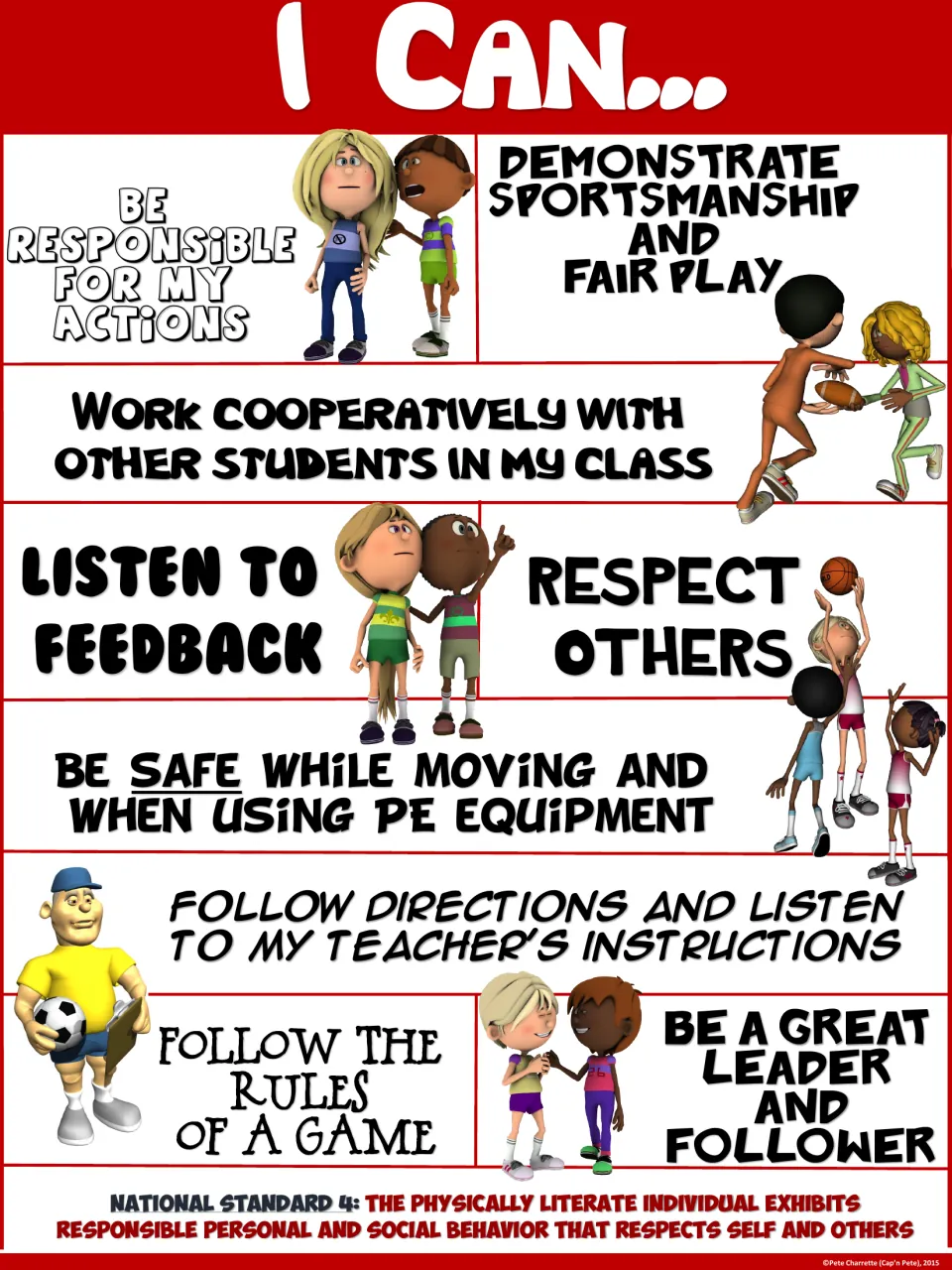 Red I Can... poster listing 9 PE behavior goals, from be responsible for my actions to be a great leader and follower