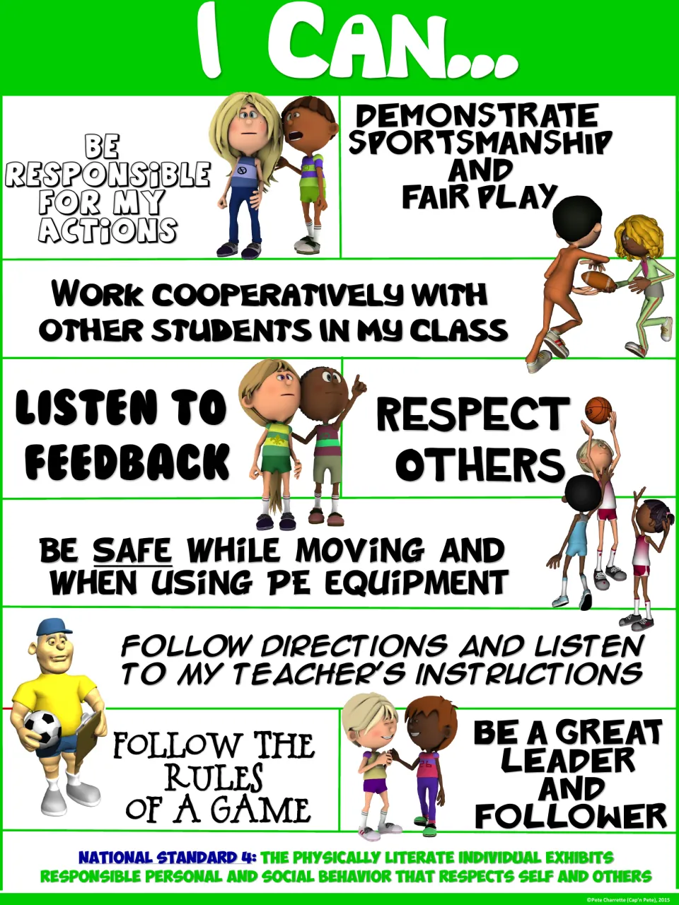 Green I Can... poster: respect others, listen to feedback, work cooperatively and 6 more PE behavior statements