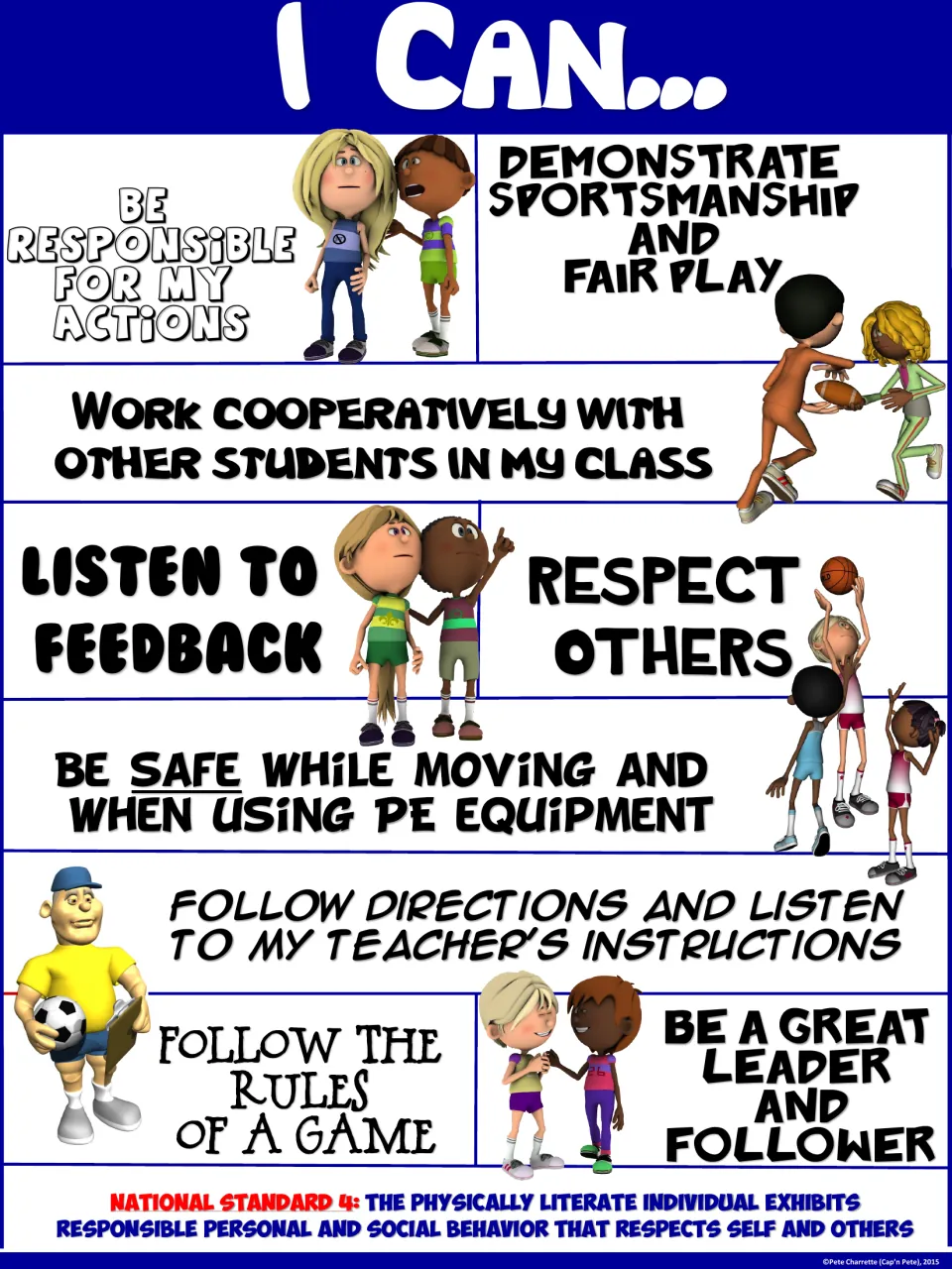Blue I Can... poster with 9 PE conduct statements, including be safe while moving and when using PE equipment