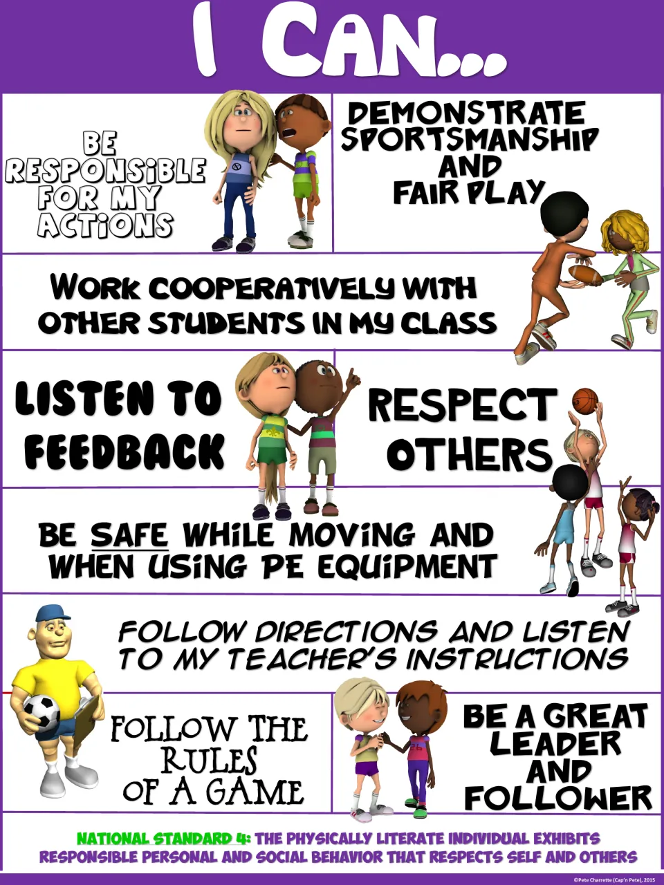 Purple I Can... poster with a green Standard 4 label: 9 statements such as demonstrate sportsmanship and fair play
