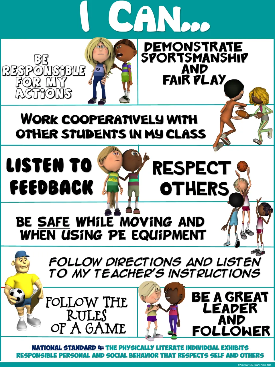 Teal I Can... poster of 9 PE statements on cooperation, safety, respect and leadership, with the Standard 4 wording