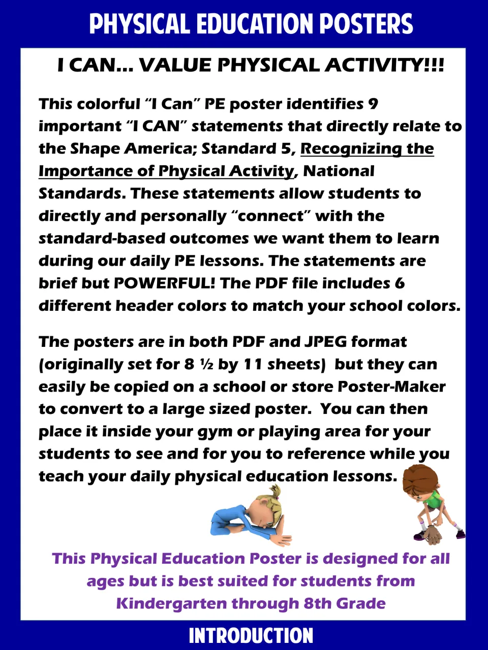 Introduction to 9 I Can statements for SHAPE America Standard 5, valuing physical activity, with 6 header colors