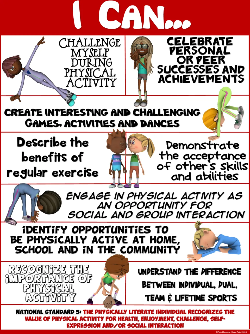 Red-header I Can poster of 9 Standard 5 goals, from challenge myself during physical activity to celebrating peer success