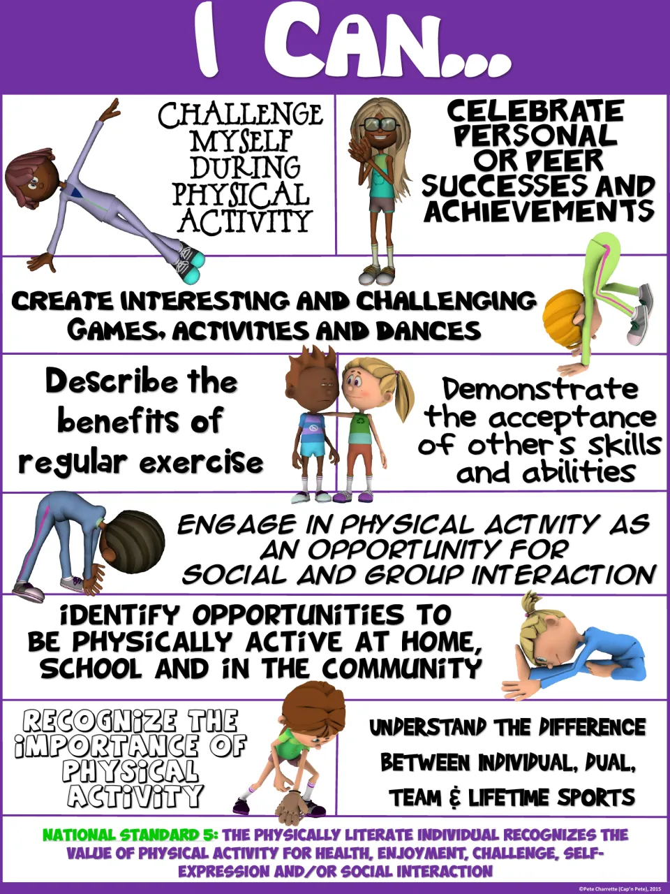 Purple-header I Can poster: engage in physical activity for social and group interaction, among 9 Standard 5 statements
