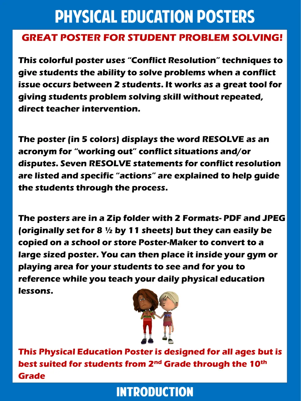 Introduction to the five RESOLVE poster versions, explaining conflict-resolution steps and printing options