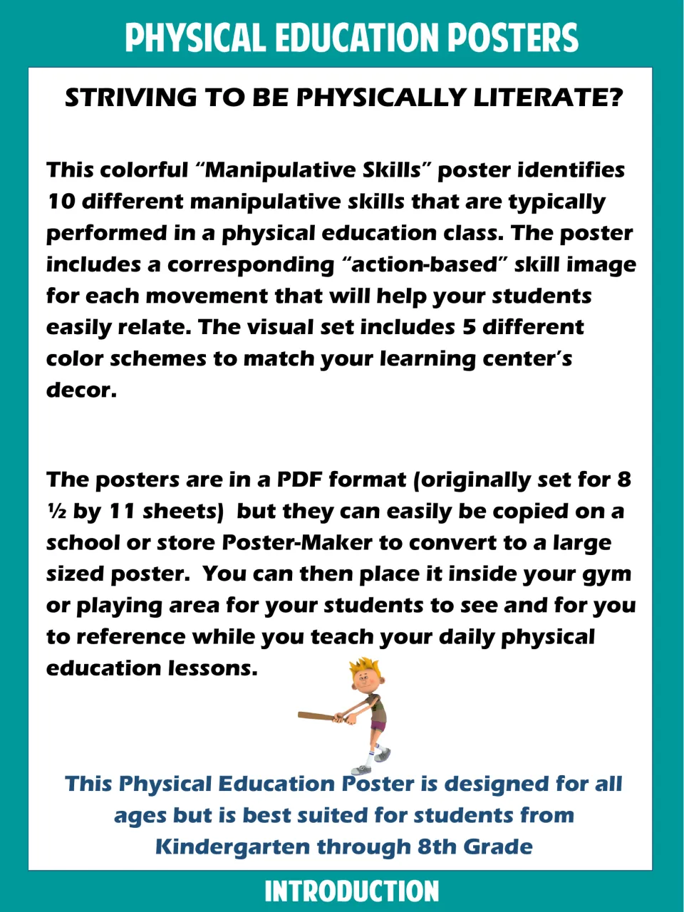 Introduction: 10 manipulative skills poster with action images in 5 color schemes, printable on a poster maker for the gym