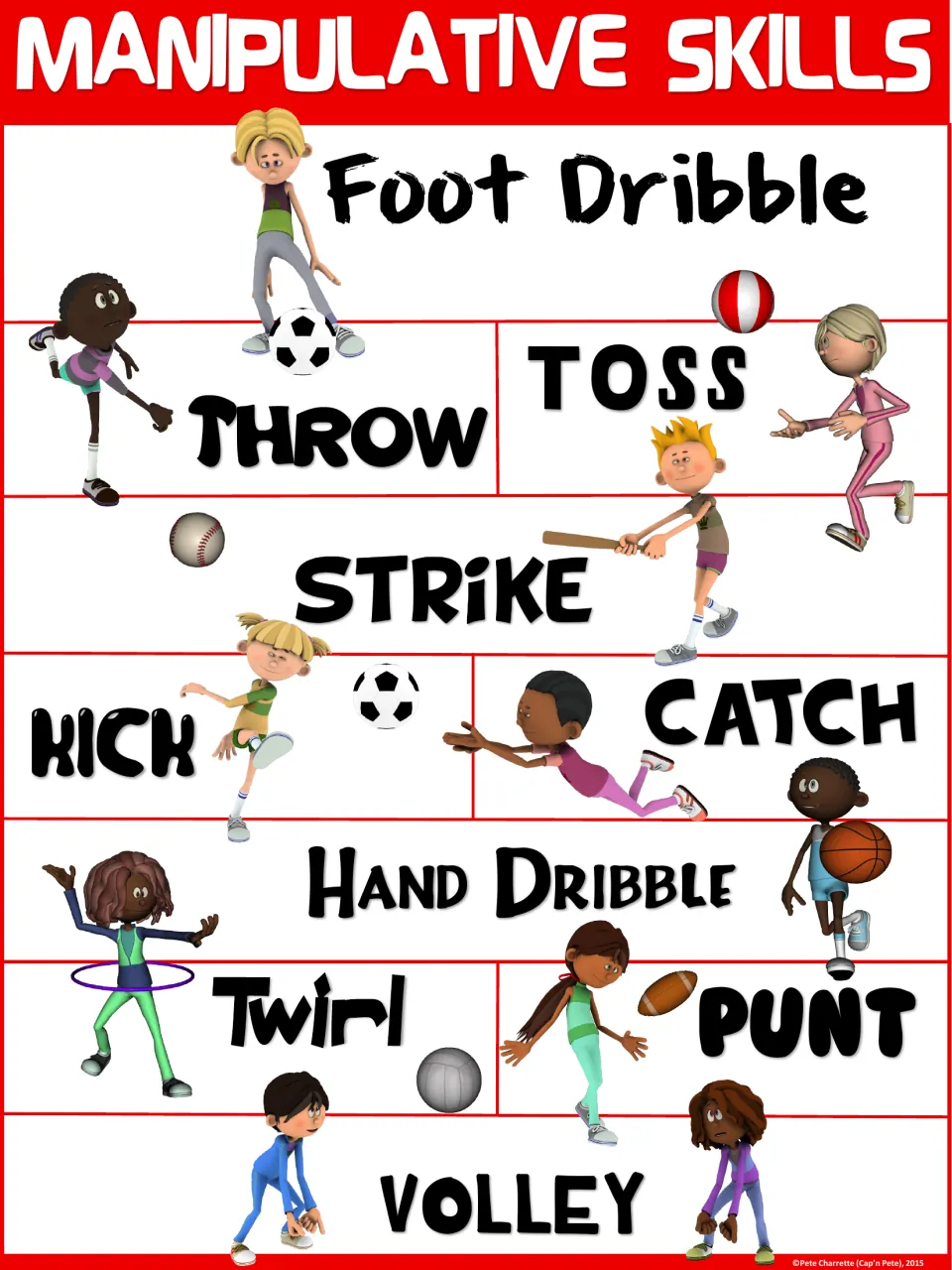 Red version of the 10-skill chart: a child with a bat strikes, another punts a football, another twirls a hoop