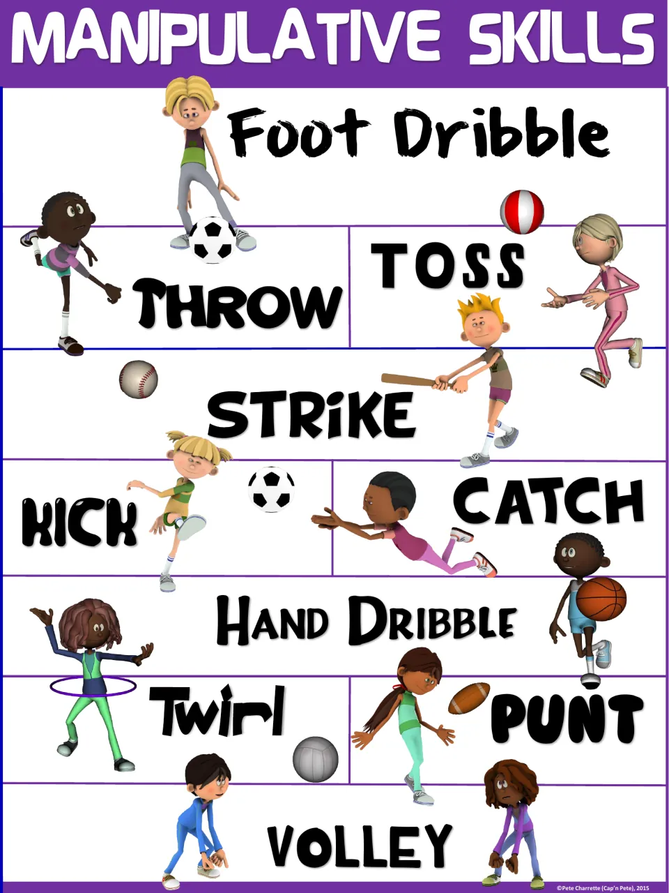 Purple manipulative skills chart: children shown to throw a ball, toss a small ball and volley a volleyball