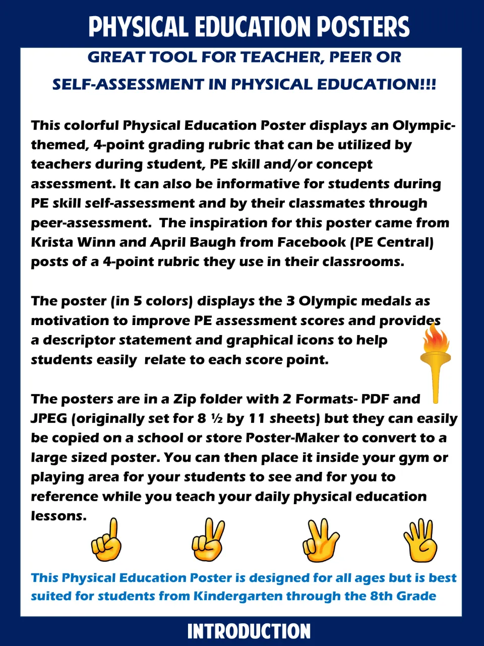 Introduction to the Olympic-themed PE rubric: four-point scoring for teacher, peer, and self-assessment