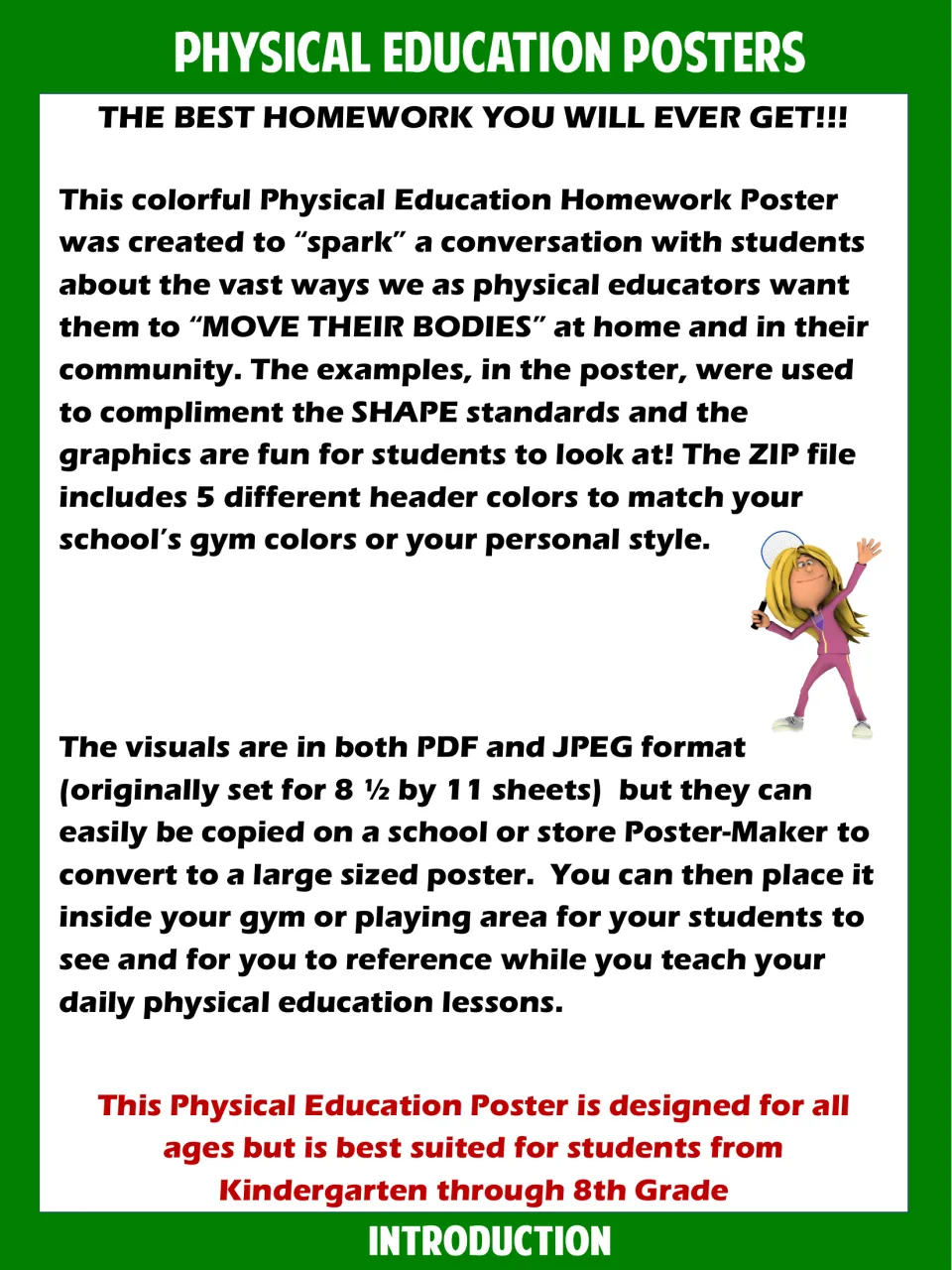 Introduction to the PE homework posters: teacher notes on sparking talk about moving at home, 5 header colors, PDF/JPEG