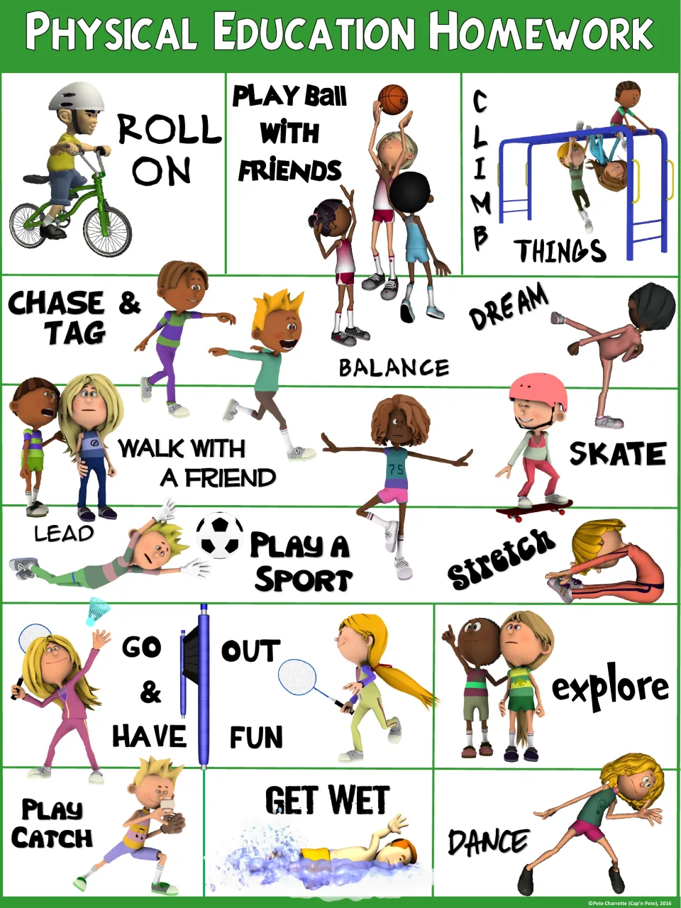 Green-header poster of active homework ideas: ride a bike, chase and tag, climb, skate, stretch, dance and get wet