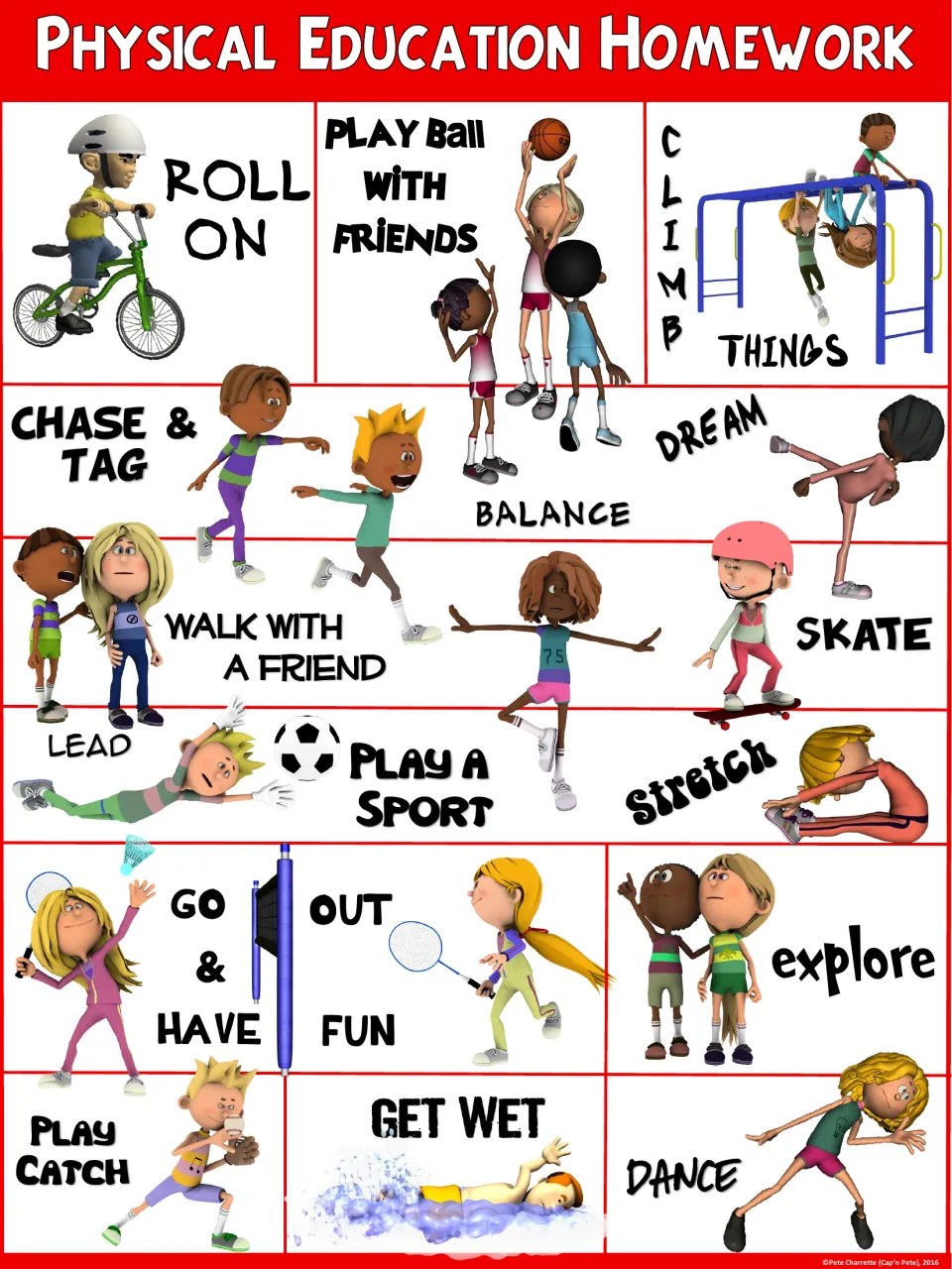 Red-header copy of the active homework poster showing play catch, play a sport, go out and have fun, dream and roll on