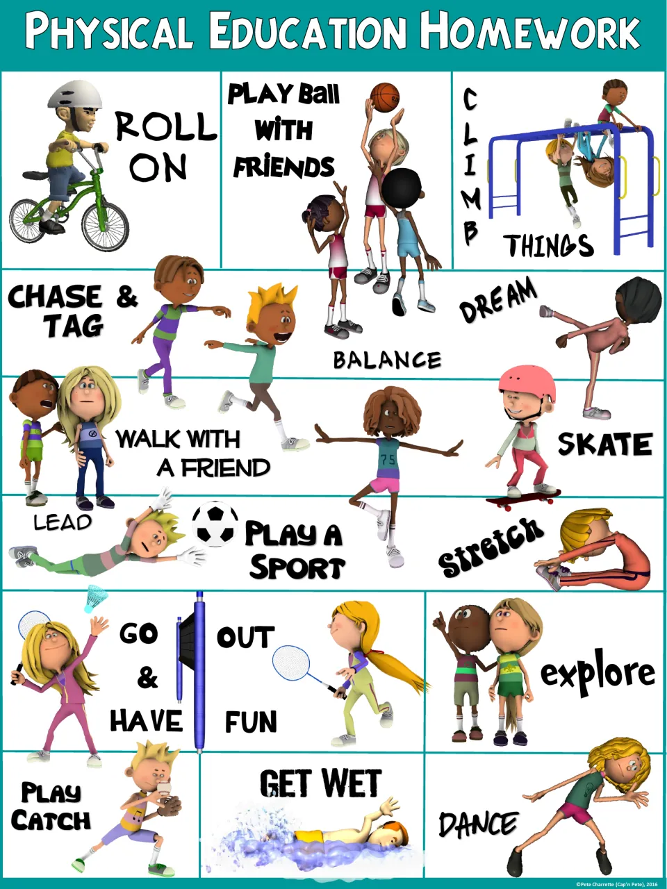 Teal-header poster of ways to move at home: cartoon kids bike, play basketball, climb monkey bars, skateboard and dance