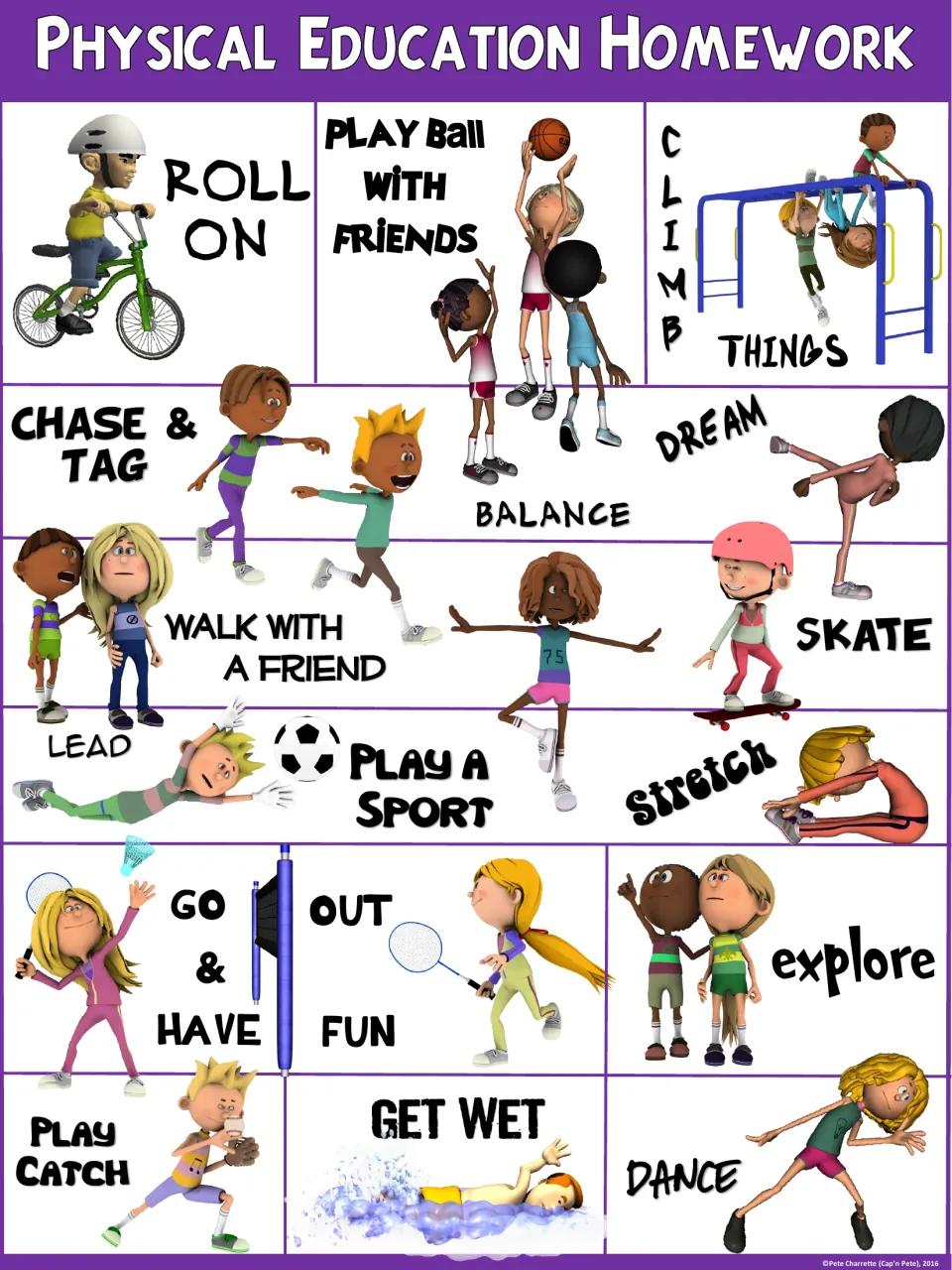 Purple-header poster of home movement ideas: badminton, soccer, stretching, swimming, tag and hanging on monkey bars