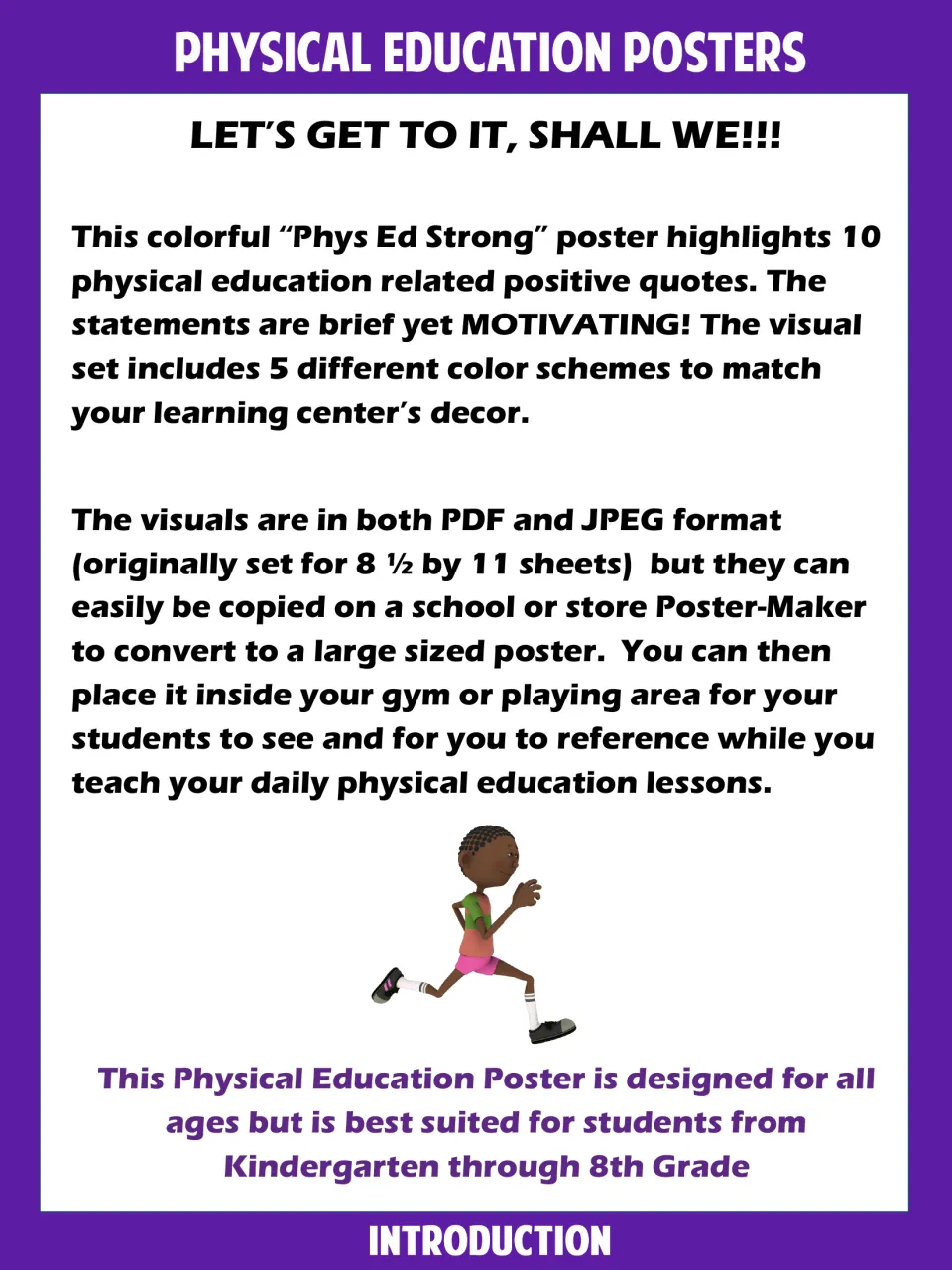 Introduction to the Phys Ed Strong poster: 10 positive PE quotes in 5 color schemes, PDF and JPEG, with a running child