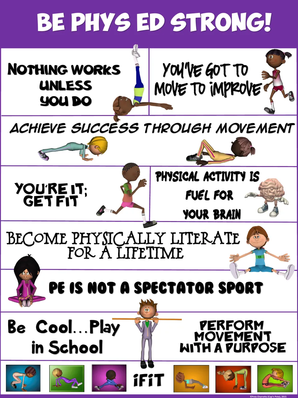 Purple Be Phys Ed Strong poster of 10 PE quotes, including Nothing works unless you do, beside exercising cartoon kids