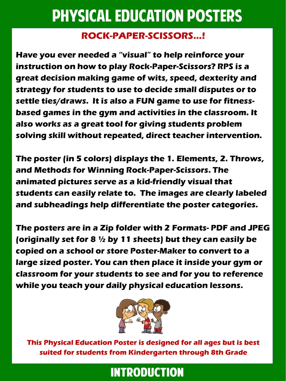 Introduction to the five poster colors, game uses, and PDF and JPEG formats for rock-paper-scissors visuals