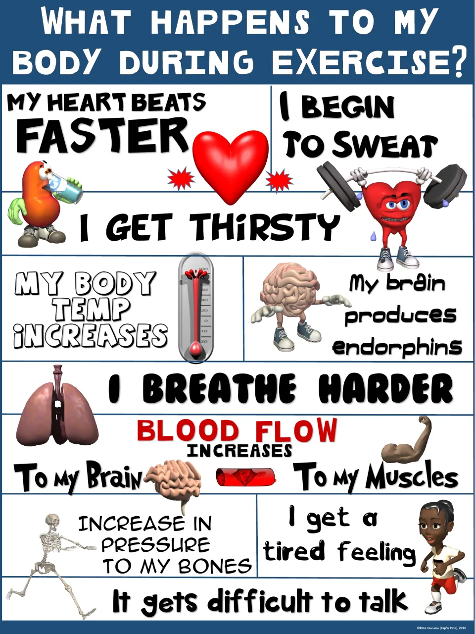 Navy poster on exercise effects: faster heartbeat, sweating, thirst, higher body temp, endorphins, harder breathing