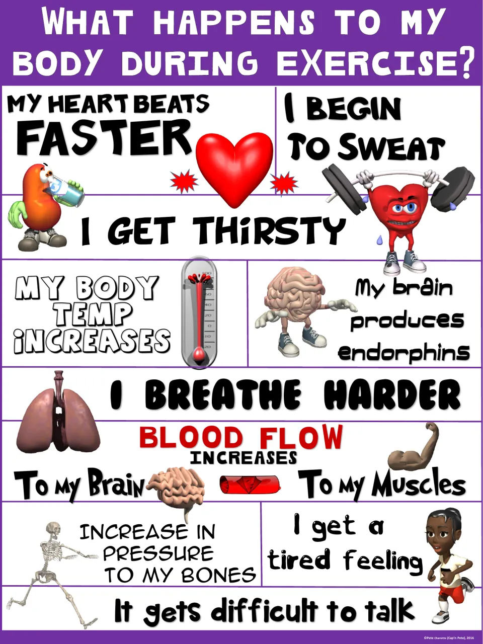 Purple poster asking what happens to my body during exercise, with 10 effects from a racing heart to difficulty talking
