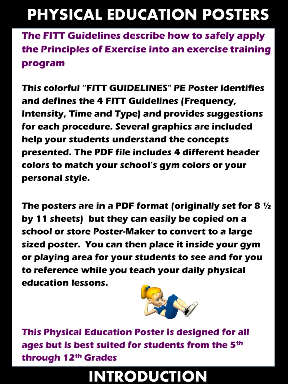 Introduction to the FITT poster set explaining four color options, printing sizes, and gym display use