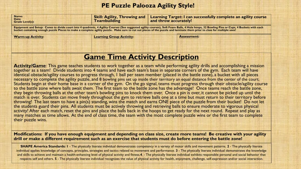 Agility game directions: four teams complete courses, throw balls at opponents' pins, and earn puzzle pieces