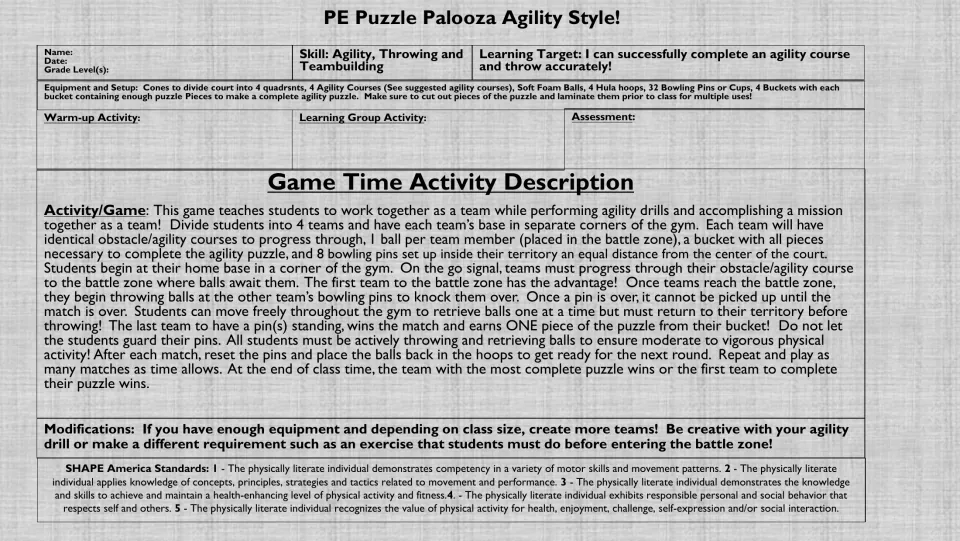 Grayscale agility game directions explain team courses, throwing at pins, earning puzzle pieces, and resets