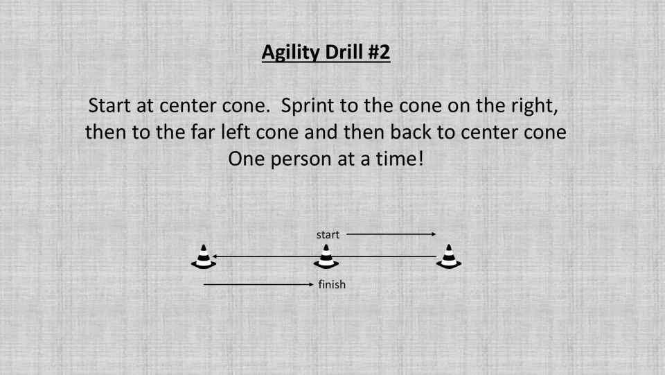 Grayscale Agility Drill #2 guide shows the sprint route from the center cone to right, far left, and center