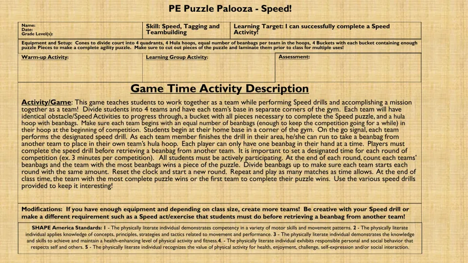 Color lesson plan for a team speed game: complete drills, collect beanbags, and earn puzzle pieces.