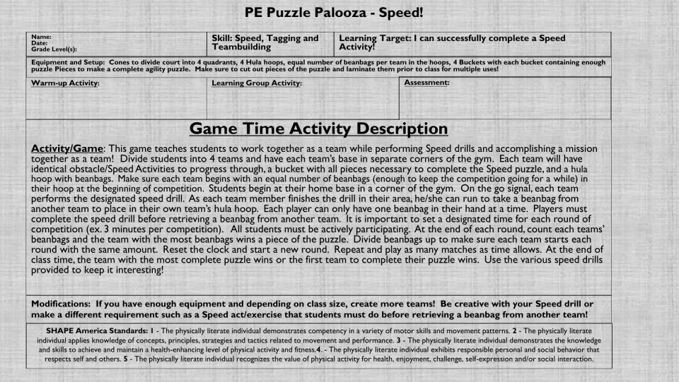 Grayscale lesson plan for the speed game explains team drills, beanbag collection, and puzzle-piece scoring.