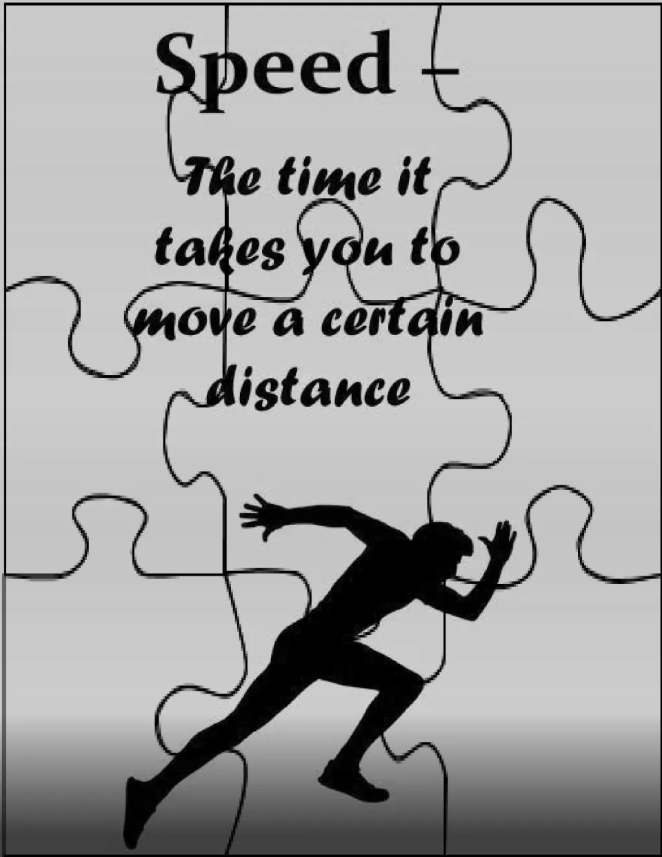 Grayscale cut-apart puzzle for the team speed game includes a speed definition and a runner silhouette.