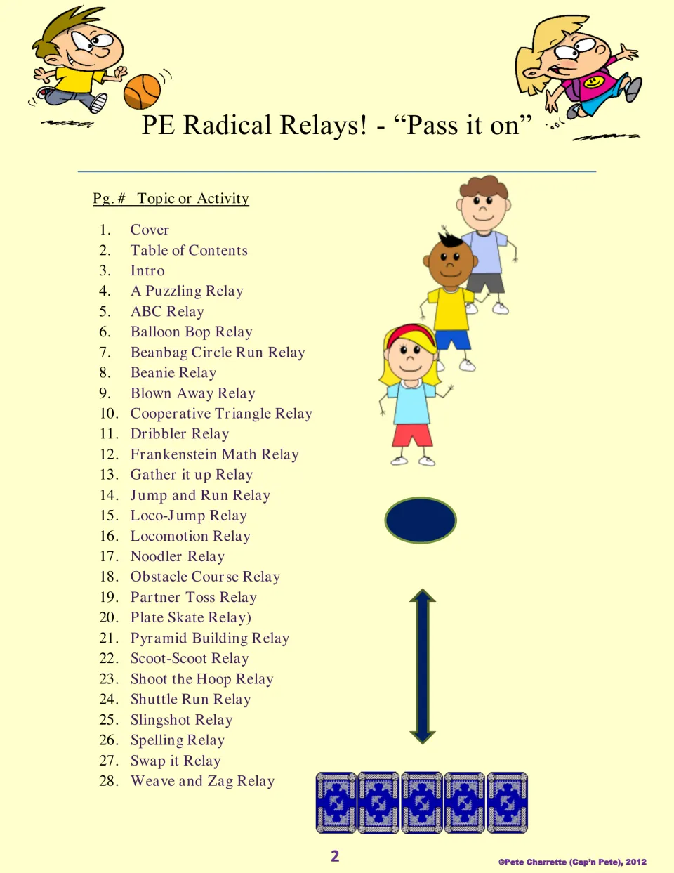 Relay collection contents listing 25 activities, from A Puzzling Relay to Weave and Zag Relay, on pages 4–28.