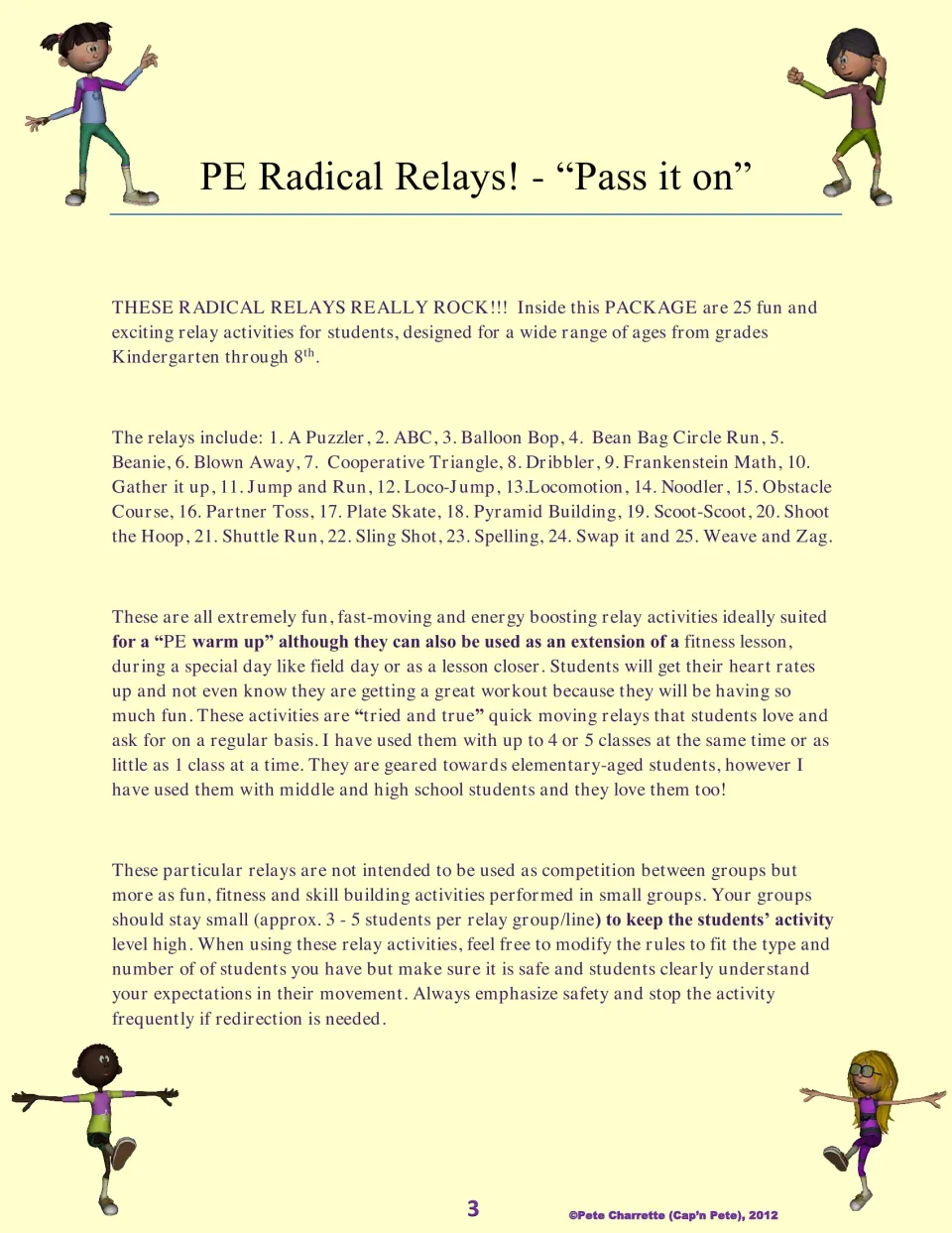 Introduction to 25 relay activities, explaining PE warm-ups, small groups, rule modifications, and safety.