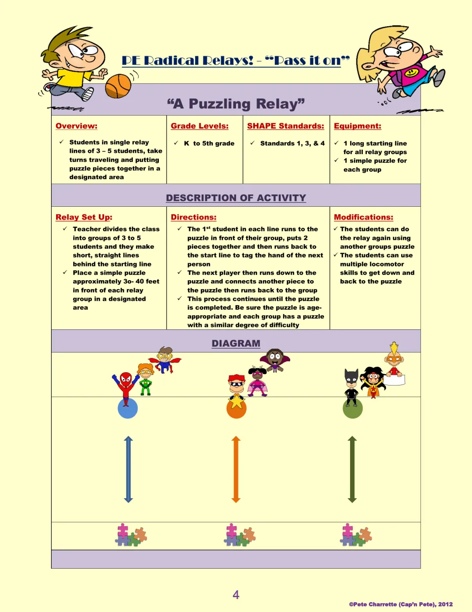 A Puzzling Relay lesson plan: students run to a puzzle, connect pieces, and return to tag the next player.