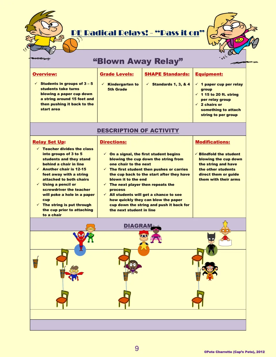 Blown Away Relay lesson plan: students blow a paper cup along a string between chairs, then return the cup.