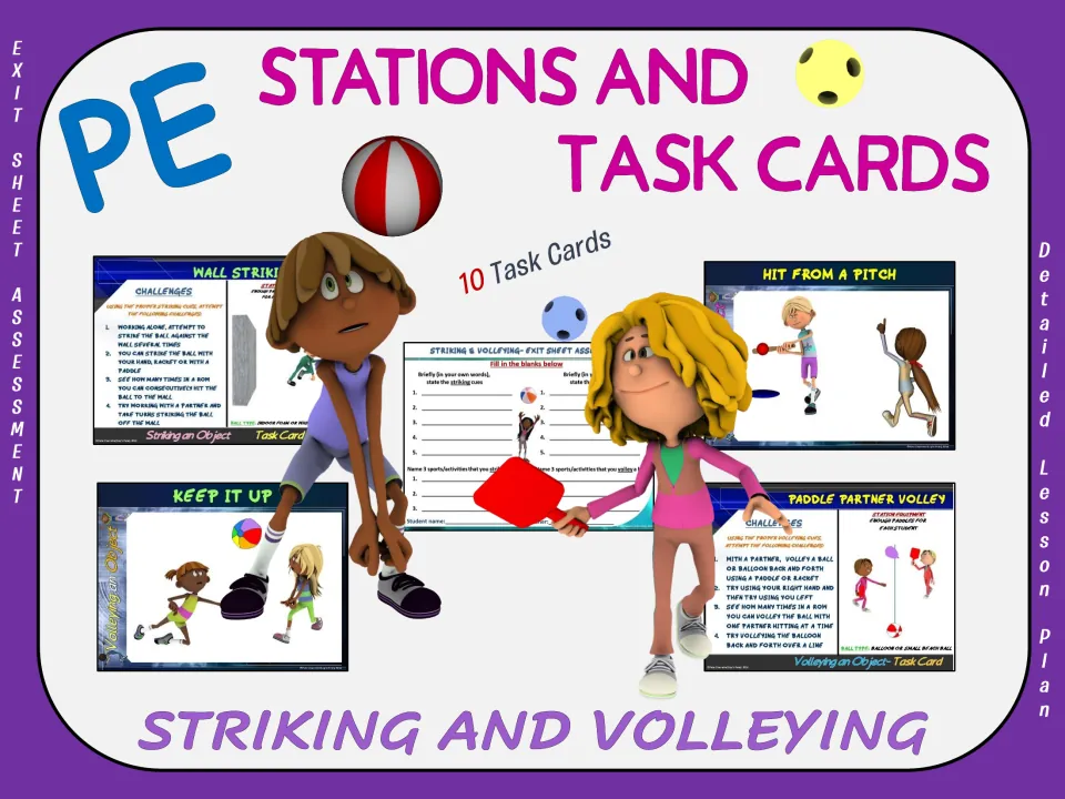 Cover of PE Skill Stations + Task Cards: Striking and Volleying, showing sample station signs and tasks
