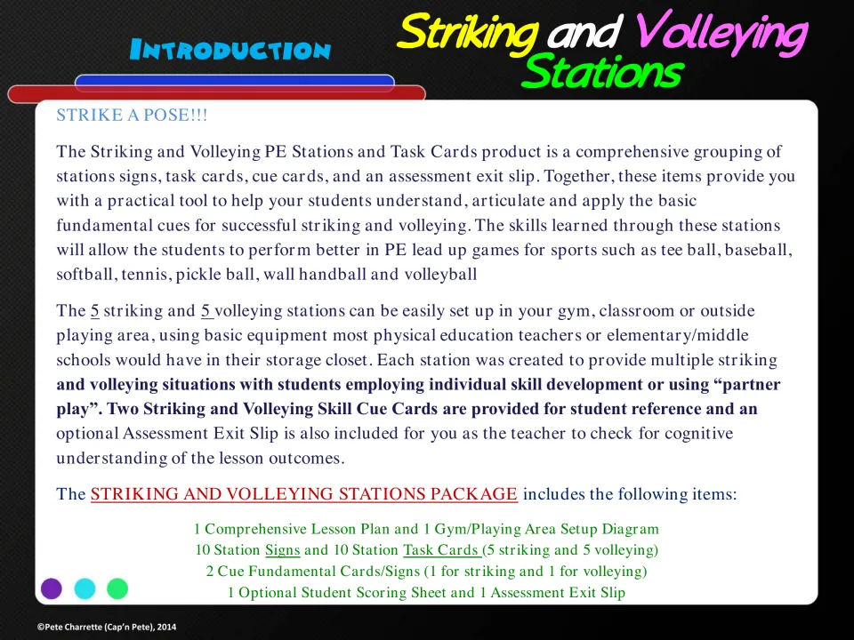 Introduction to the PE station set, listing 10 station signs, 10 task cards, skill cues, and assessment materials
