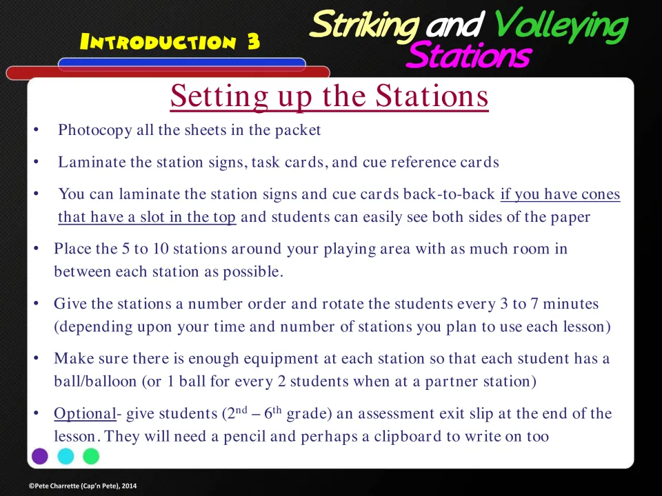 Station setup directions cover copying, laminating, spacing equipment, and rotating every 3 to 7 minutes