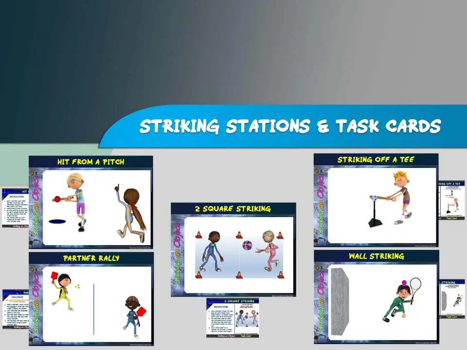 Striking station overview shows Hit from a Pitch, Partner Rally, Striking off a Tee, and two more stations