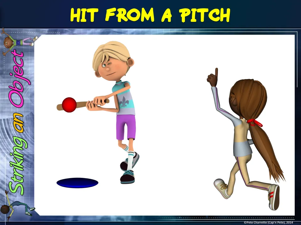 Hit from a Pitch station sign showing a cartoon student swinging a bat at a ball while a partner pitches near a poly spot