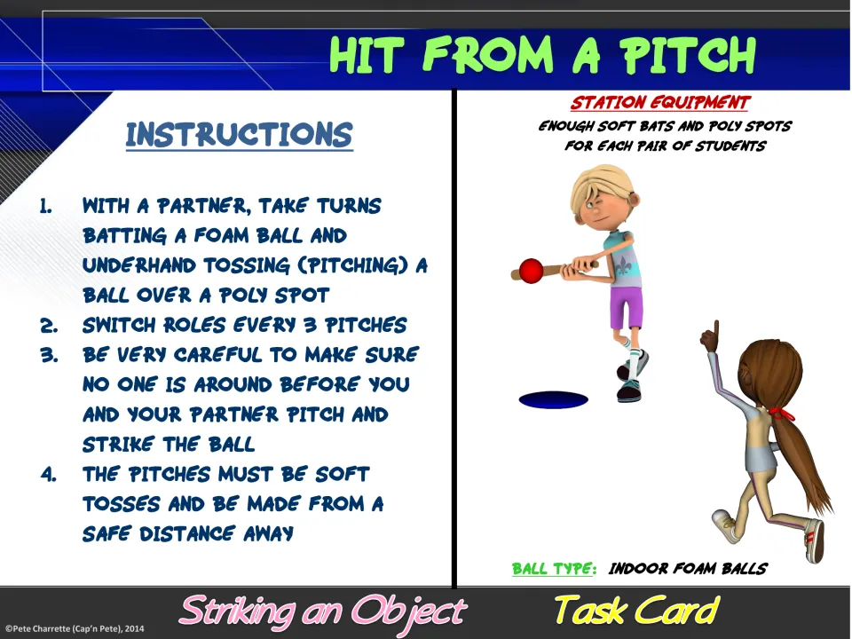 Hit from a Pitch task card directs partners to switch roles every 3 pitches and use soft tosses at a safe distance