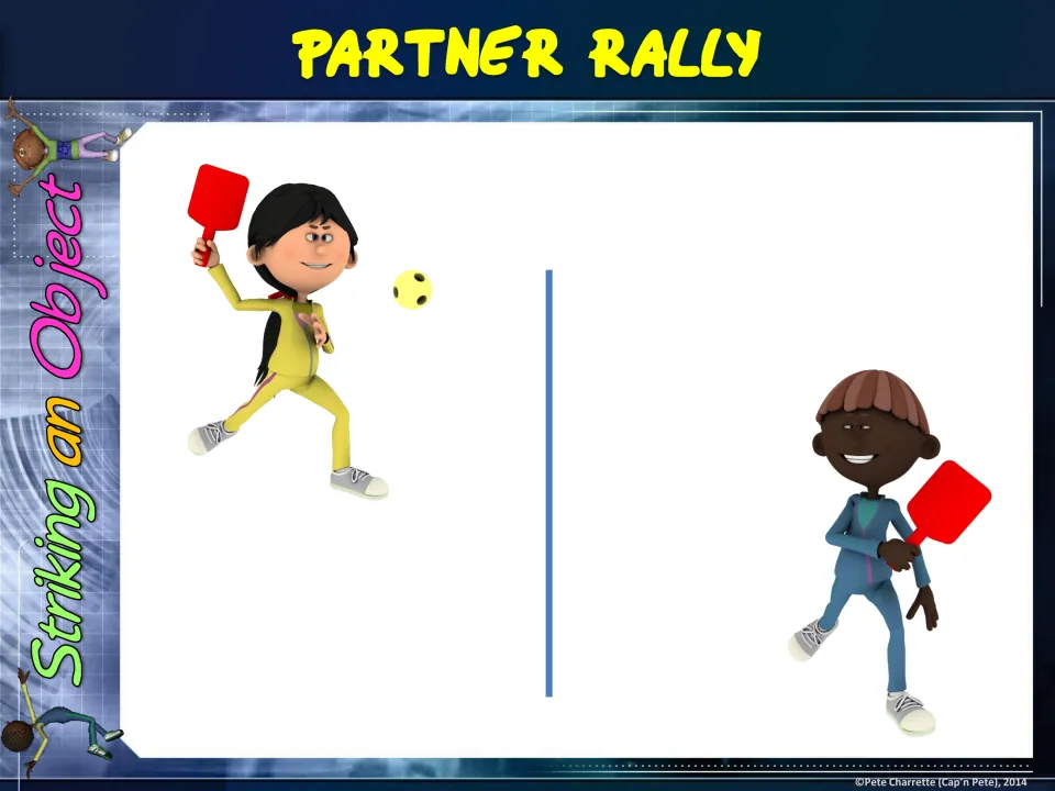 Partner Rally station sign showing two cartoon students with paddles on either side of a line, hitting a ball between them
