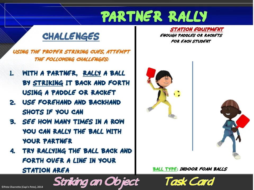Partner Rally task card challenges partners to use forehand and backhand shots and count consecutive rallies