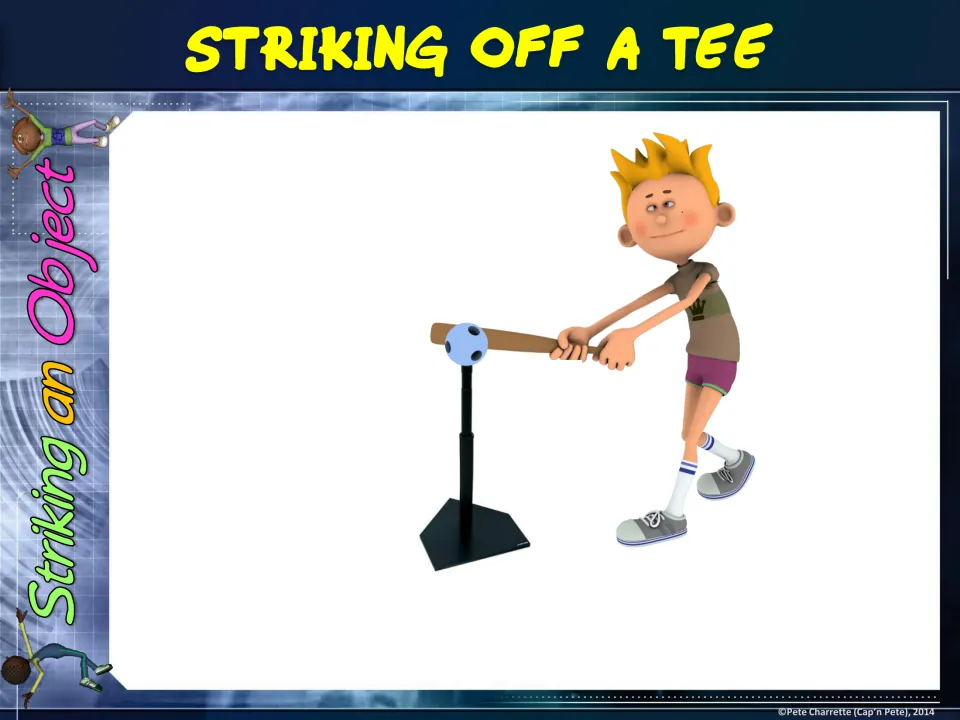 Striking off a Tee station sign showing a cartoon student swinging a bat at a ball resting on a batting tee