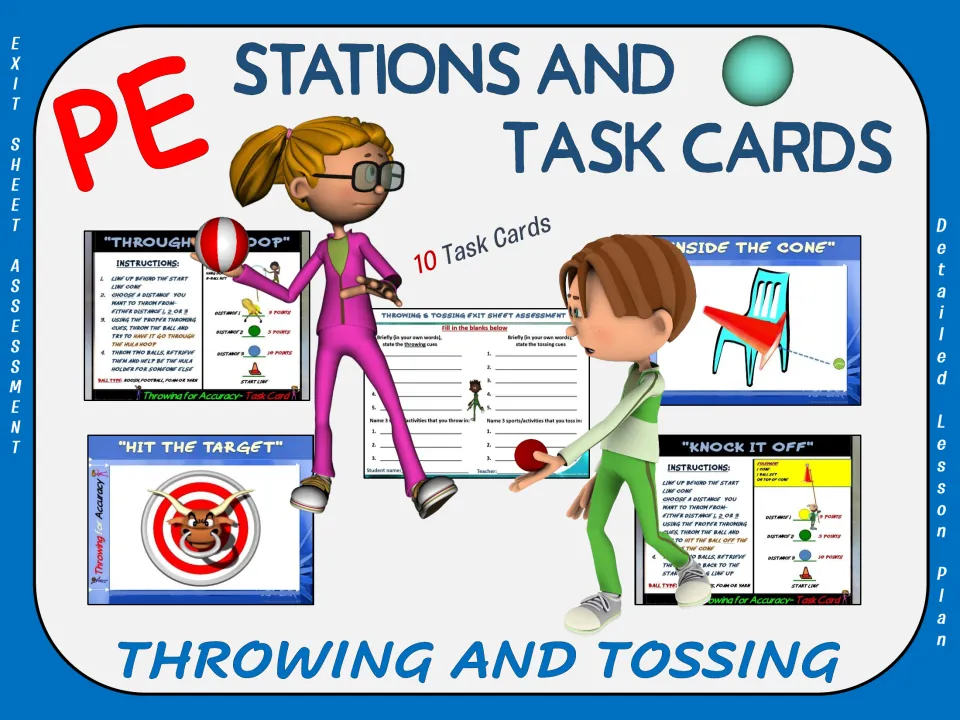 Cover of the throwing and tossing PE station resource, showing sample signs, task cards, and an exit assessment