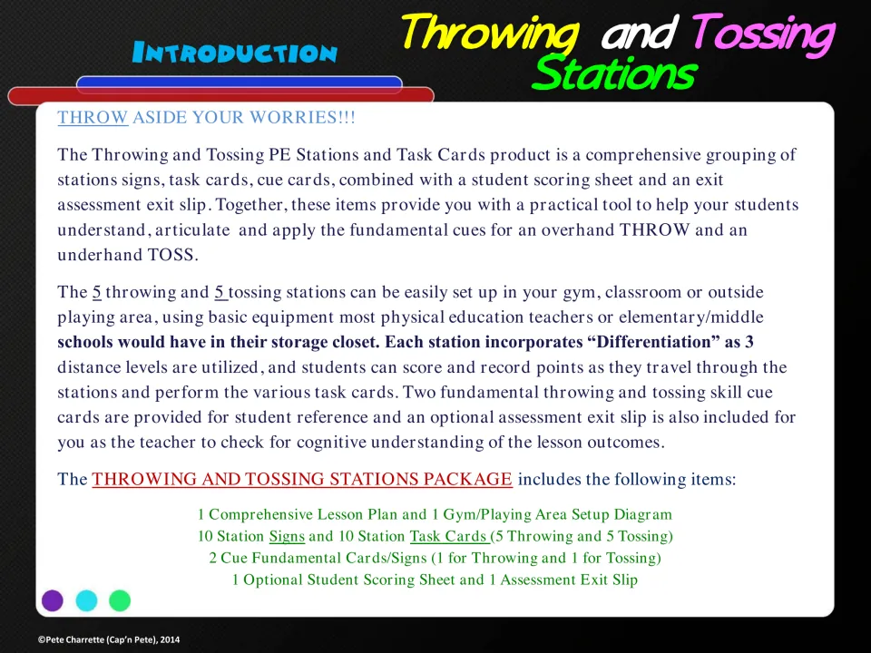 Introduction to five throwing and five tossing stations, listing lesson materials and three distance levels