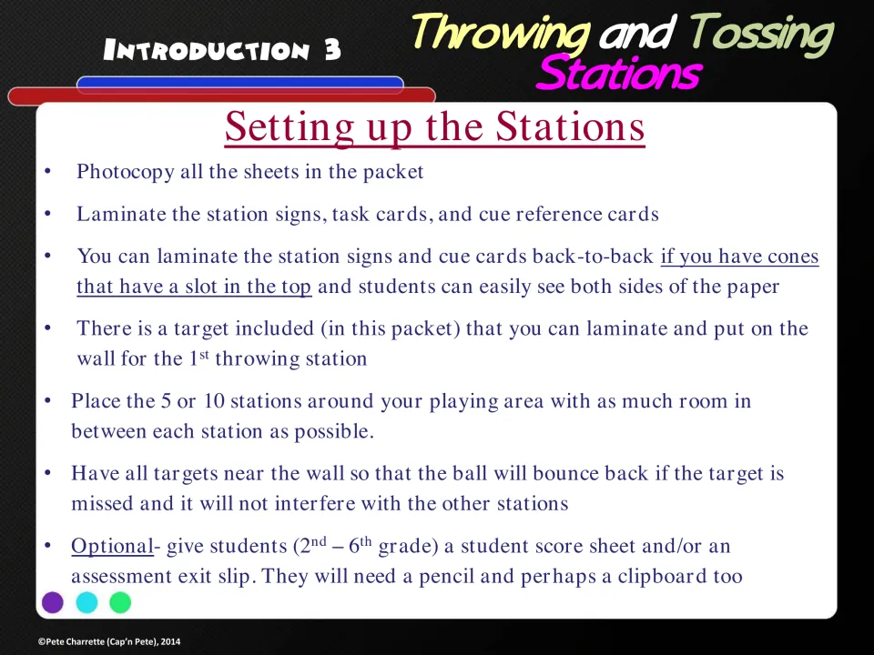 Station setup directions cover copying, laminating, spacing stations, wall targets, and optional score sheets