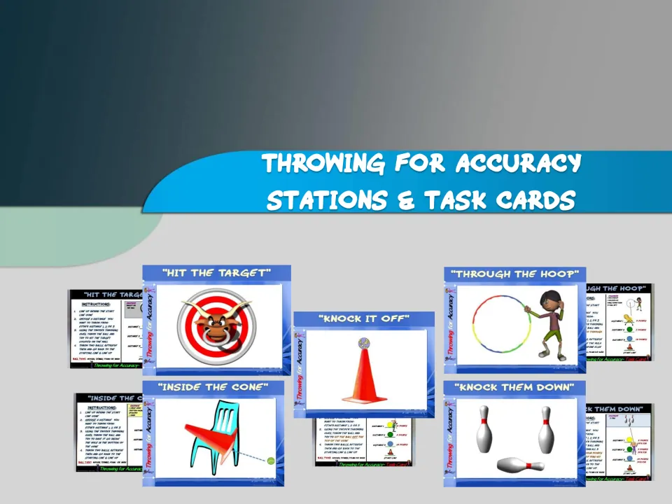 Throwing station overview shows Hit the Target, Inside the Cone, Knock It Off, and two more sign and card pairs